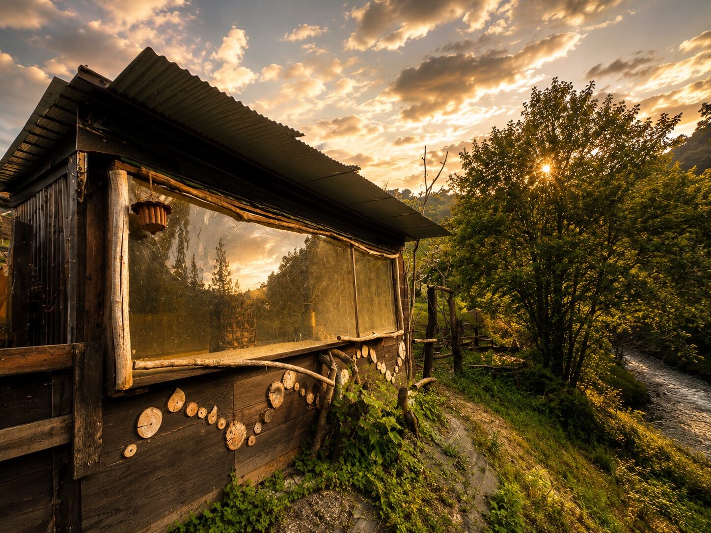 夕暮れの光に包まれる川沿いの薪サウナ小屋